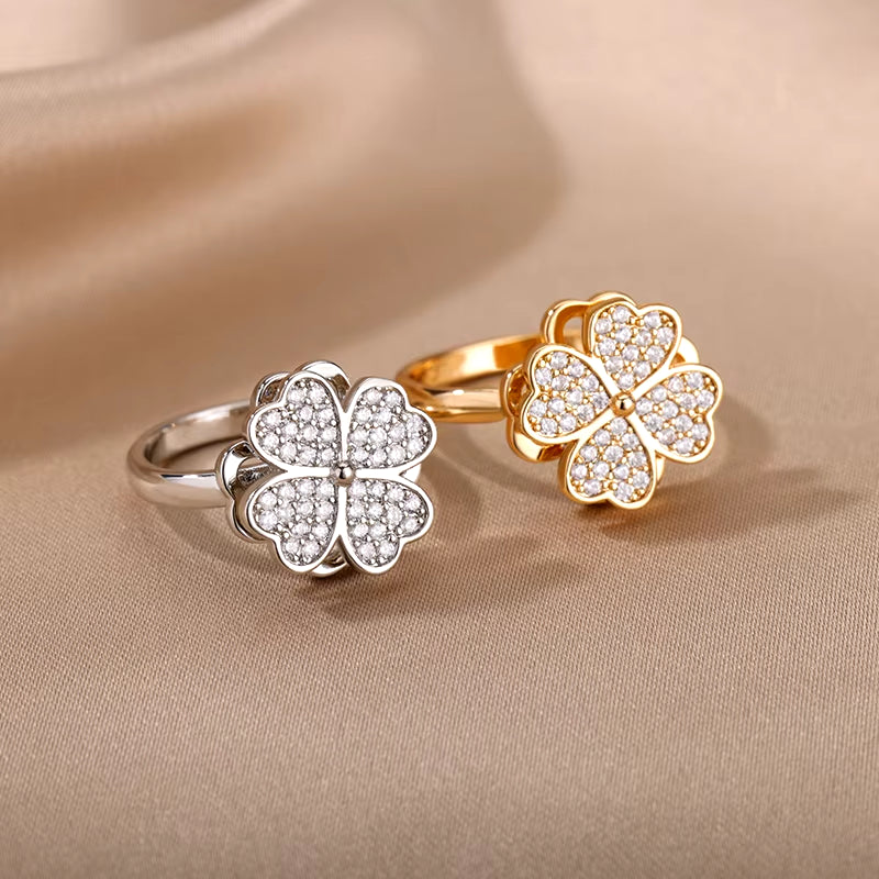Women'S Spinner Ring Luxury Four Clover Flower Rings for Man Gold Color Anti-Stress Anxiety Fidget Ring Stainless Steel Jewelry