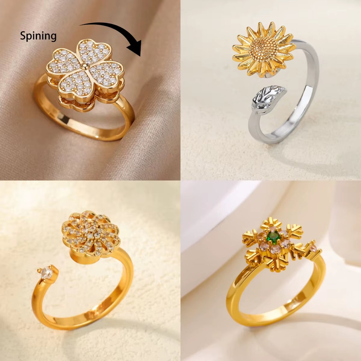 Women'S Spinner Ring Luxury Four Clover Flower Rings for Man Gold Color Anti-Stress Anxiety Fidget Ring Stainless Steel Jewelry