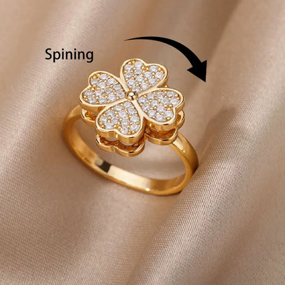 Women'S Spinner Ring Luxury Four Clover Flower Rings for Man Gold Color Anti-Stress Anxiety Fidget Ring Stainless Steel Jewelry